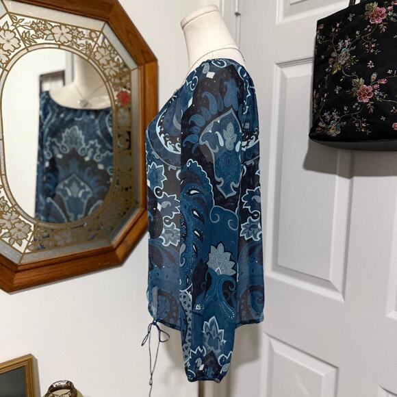 Theory Blue & Black Sheer 100% Silk Boho Paisley Pattern Long Sleeve Top M - Picture 4 of 8